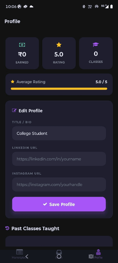 Studylancer Profile screen showing ratings and achievements